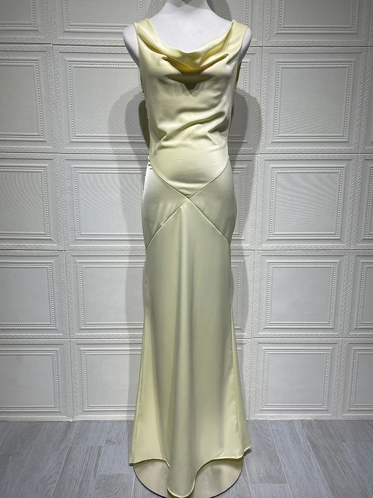 Mozision Satin Backless Draped Sexy Maxi Dress Women Fashion Cowl Neck Sleeveless High Waist Club Party Long Dress Female New