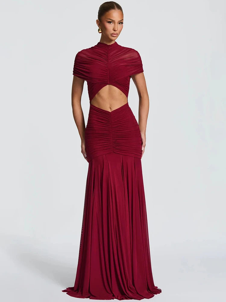 Mozision Short Sleeve Ruched Sexy Maxi Dress Women Elegant Hollow Out Turtleneck Bodycon Pleated Club Party Long Dress Female