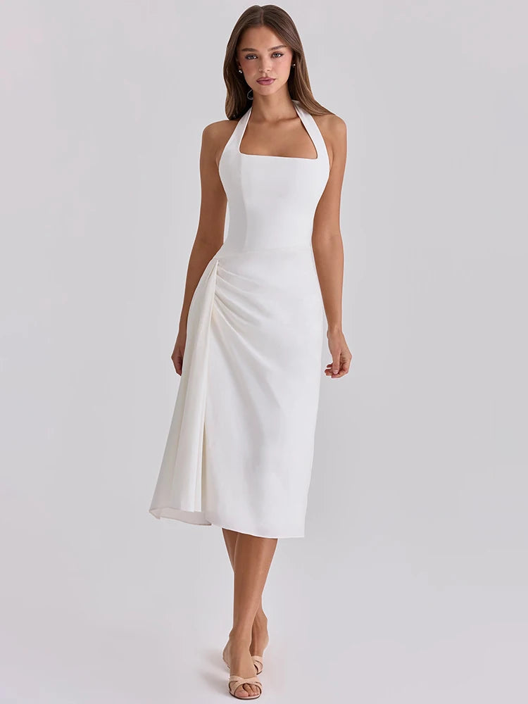 Mozision Women White Halter Neck Midi Dress Elegant Ruched Waist Sleeveless Bodycon Party Wedding Guest Formal Evening Dresses