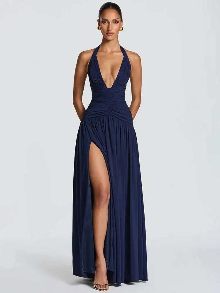 Mozision Women Halter Sexy Maxi Dress Deep V Neck Pleated Backless High Split Evening Party Dress Elegant Beach Long Dresses