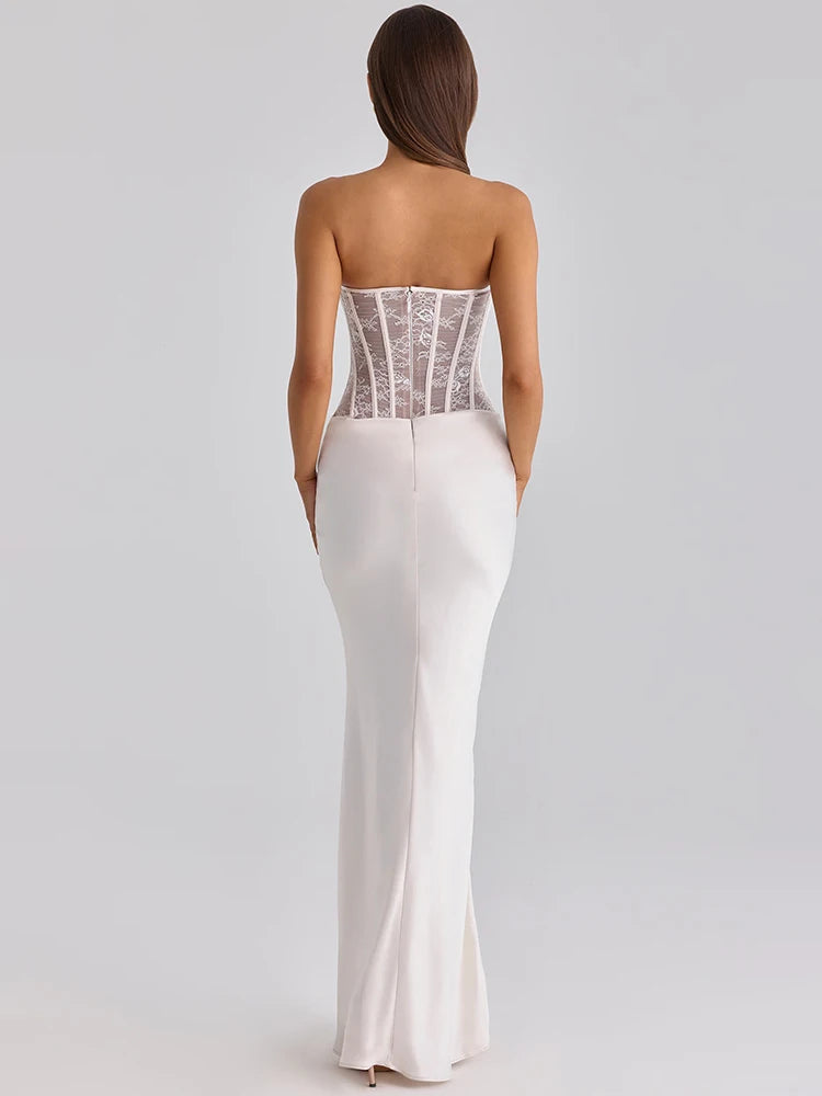 Mozision White Lace Corset Satin Sexy Maxi Dress Women Elegant Strapless Sleeveless Backless Bodycon Club Party Long Dresses