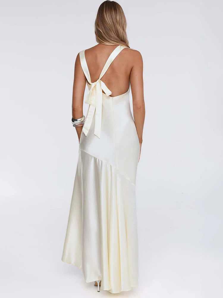 Mozision Elegant Satin Backless Sexy Maxi Dress Women Fashion Sleeveless Backless Pleated Bodycon Club Party Long Dresses