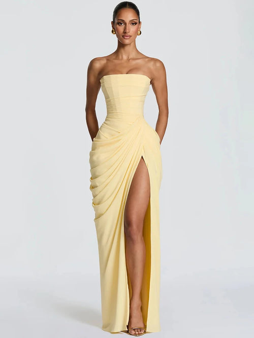 Mozision Chiffon Off-shoulder Strapless Sexy Maxi Dress Women Elegant Sleeveless Backless High Split Ruched Club Party Dress