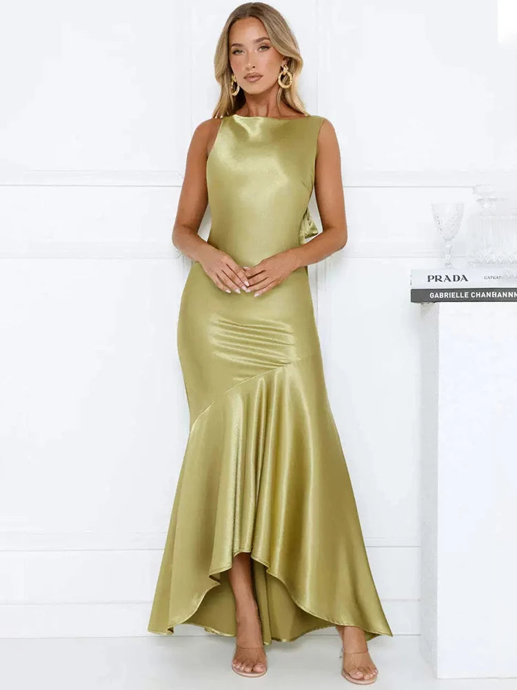 Mozision Elegant Satin Backless Sexy Maxi Dress Women Fashion Sleeveless Backless Pleated Bodycon Club Party Long Dresses