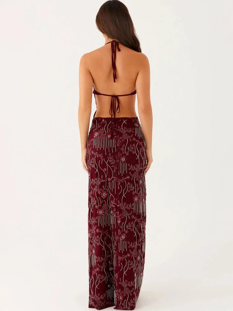 Mozision Sequins Hollow Out Backless Sexy Maxi Dress Women Gown Fashion Sparkle Halter Sleeveless Bodycon Club Party Dresses