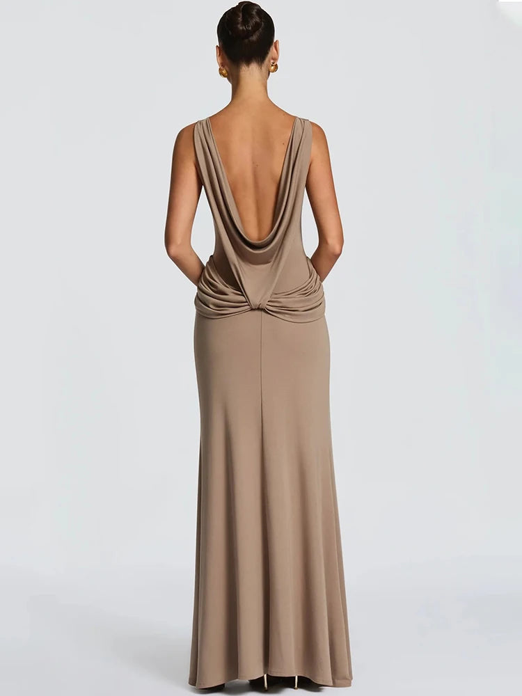 Mozision Boat Neck Backless Sexy Maxi Dress Women Elegant Sleeveless Draped Waist Ruched High Split Bodycon Club Party Dress
