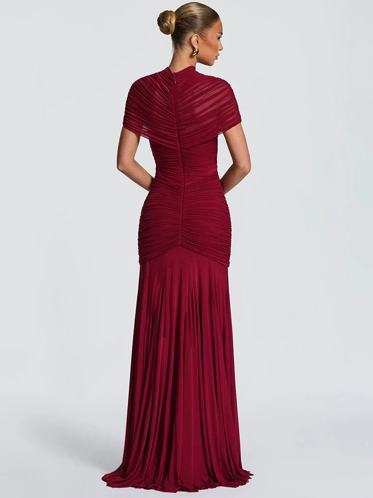 Mozision Short Sleeve Ruched Sexy Maxi Dress Women Elegant Hollow Out Turtleneck Bodycon Pleated Club Party Long Dress Female