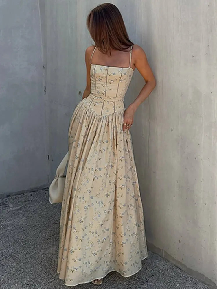 Mozision Summer Women Floral Print Sexy Maxi Dress Women Elegant Square Neck Spaghetti Strap Sleeveless Backless Club Long Dress