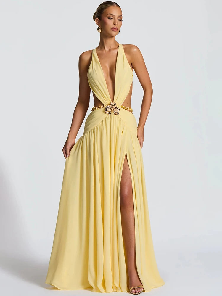 Mozision Hollow Out Deep V Neck Sexy Maxi Dress Women Gown Metal Buckle Sleeveless Backless Thigh High Split Club Party Dresses