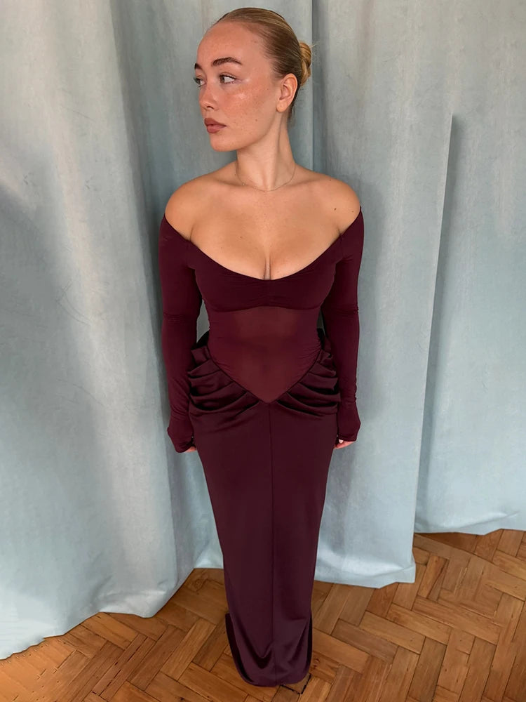 Mozision Women's Burgundy Off Shoulder Maxi Dress Long Sleeve Mesh Sheer Ruched Waist Bodycon Evening Party Cocktail Dress