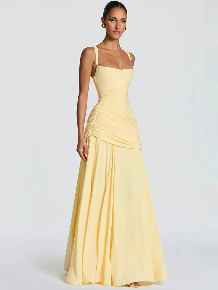 Mozision Square Collar Backless Sexy Maxi Dress Women Elegant Chiffon Sleeveless Bodycon Club Party Pleated Long Dresses