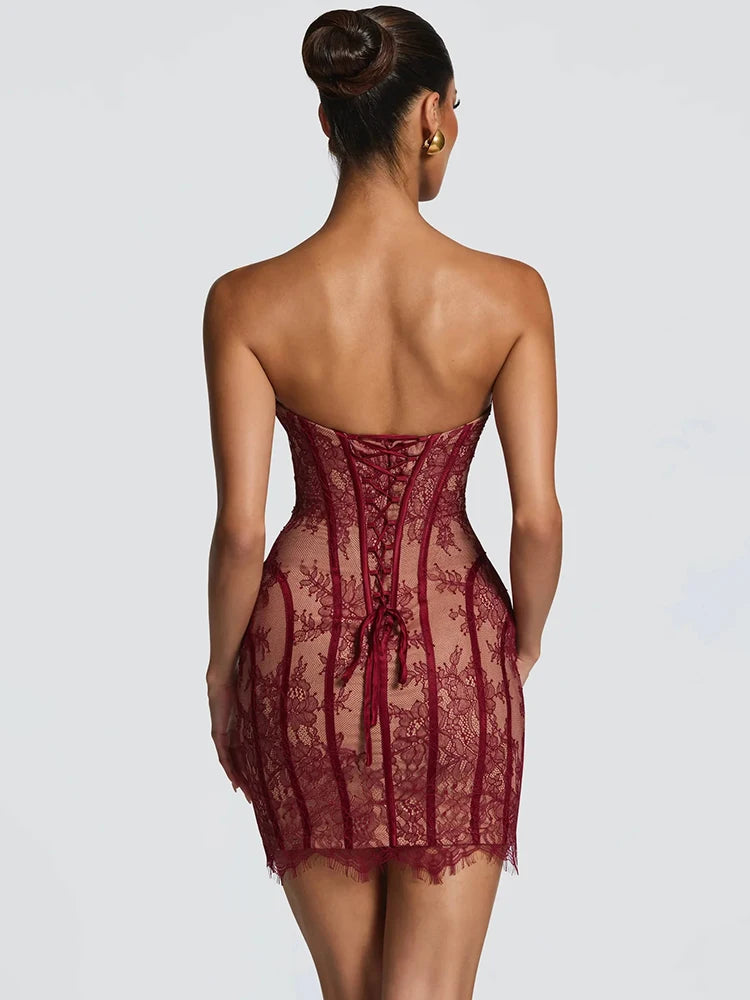 Mozision Lace Strapless Mermaid Mini Dress Women Sweetheart Neck Sheer Mesh Bodycon Short Gown Evening Party Cocktail Vestidos