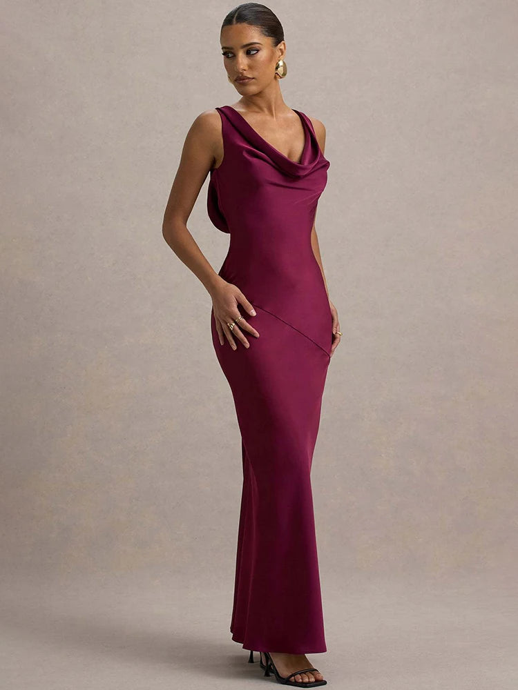 Mozision Satin Cowl Neck Backless Sexy Maxi Dress Women Gown Fashion Sleeveless Lace-up Bodycon Club Party Long Dress Female