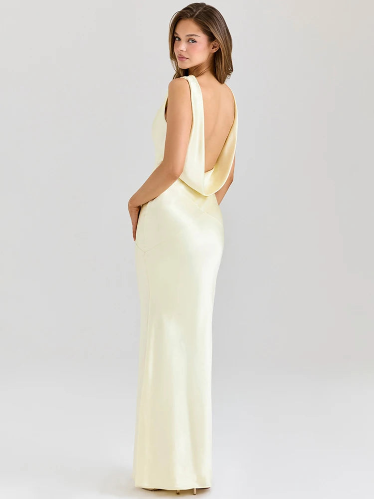 Mozision Satin Backless Draped Sexy Maxi Dress Women Fashion Cowl Neck Sleeveless High Waist Club Party Long Dress Female New