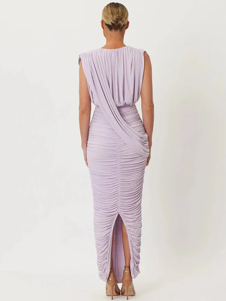 Mozision Deep V Neck Sleeveless Sexy Maxi Dress Women Elegant Draped Ruched Back Split Bodycon Club Party Long Dress Female