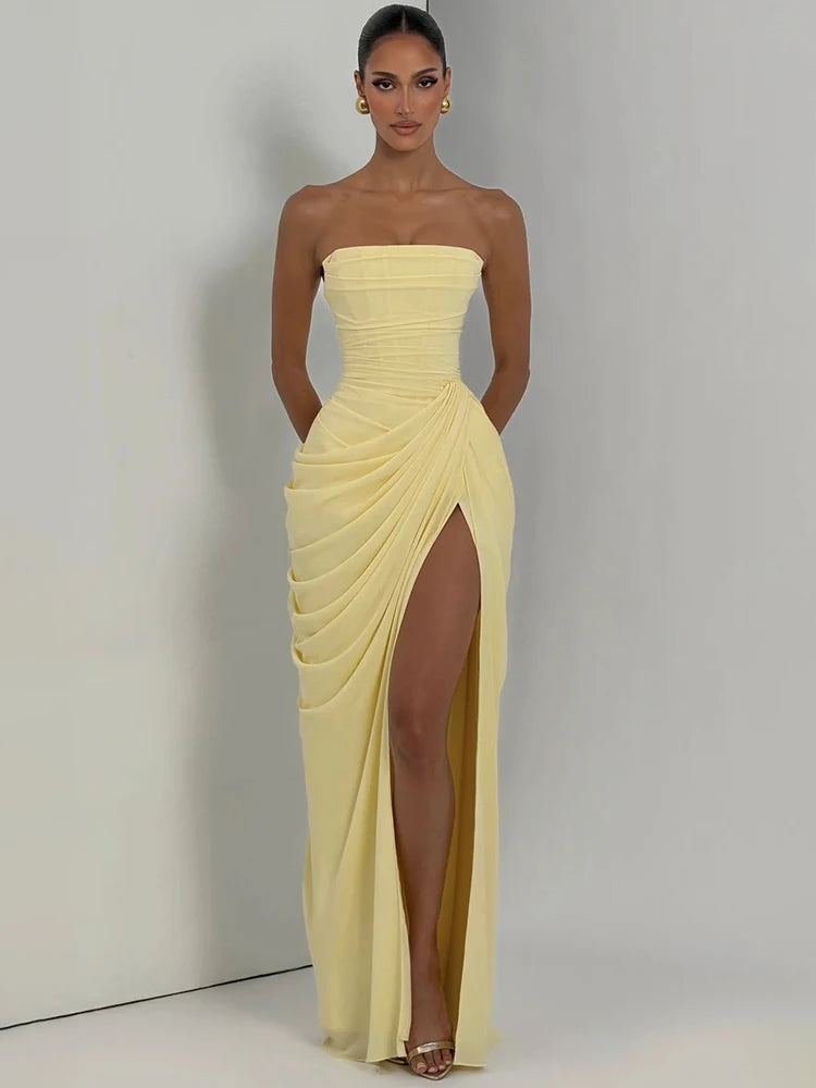 Mozision Chiffon Off-shoulder Strapless Sexy Maxi Dress Women Elegant Sleeveless Backless High Split Ruched Club Party Dress
