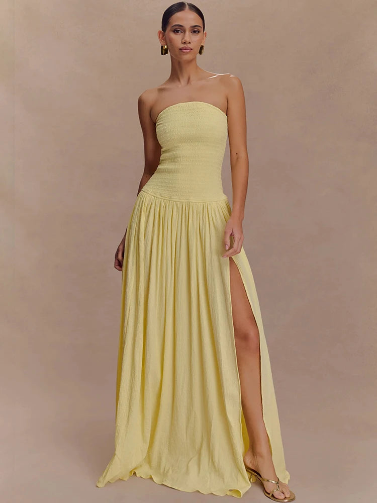 Mozision Off-shoulder Strapless Sexy Maxi Dress Women Elegant Sleeveless Backless Thigh High Split Pleated Club Party Long Dress