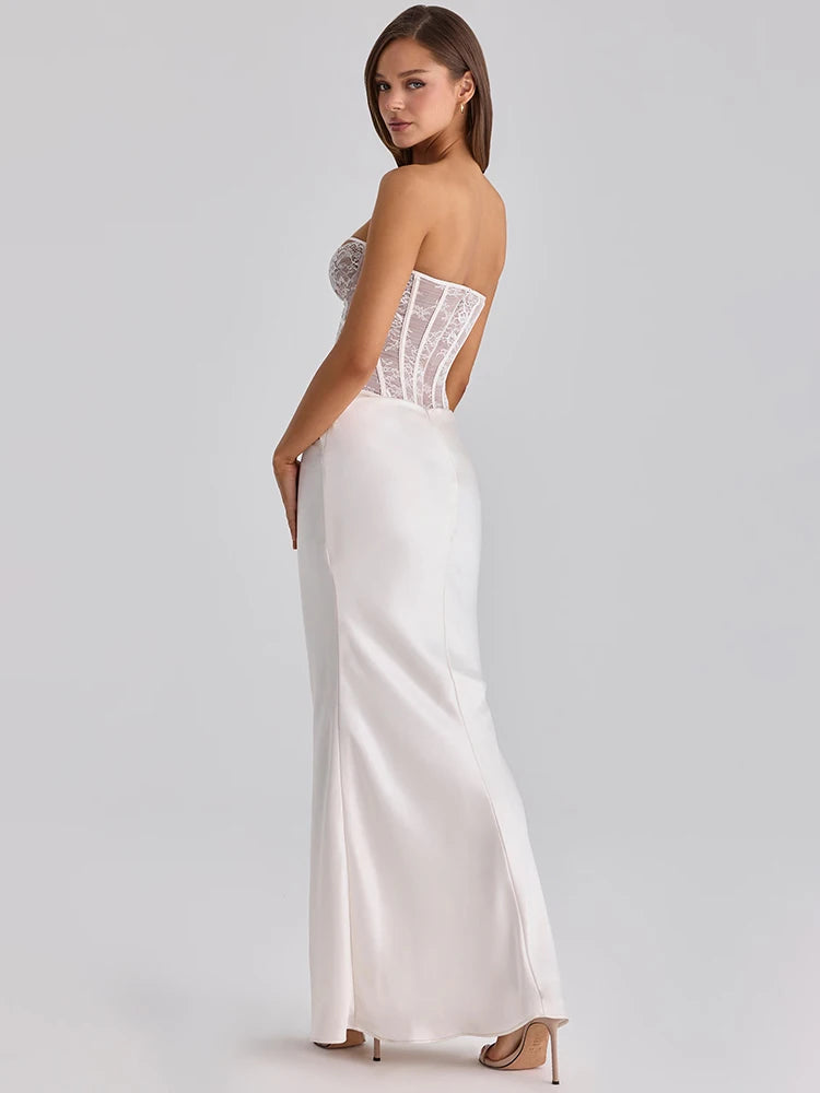 Mozision White Lace Corset Satin Sexy Maxi Dress Women Elegant Strapless Sleeveless Backless Bodycon Club Party Long Dresses