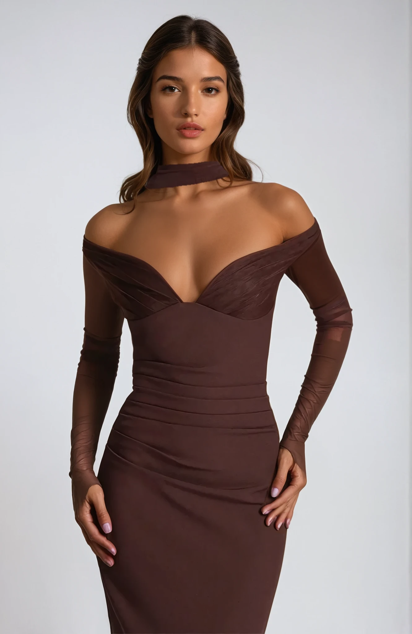 שמלת מקסי אלגנטית בשילוב צעיף תחרה