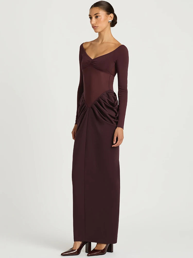 Mozision Women's Burgundy Off Shoulder Maxi Dress Long Sleeve Mesh Sheer Ruched Waist Bodycon Evening Party Cocktail Dress