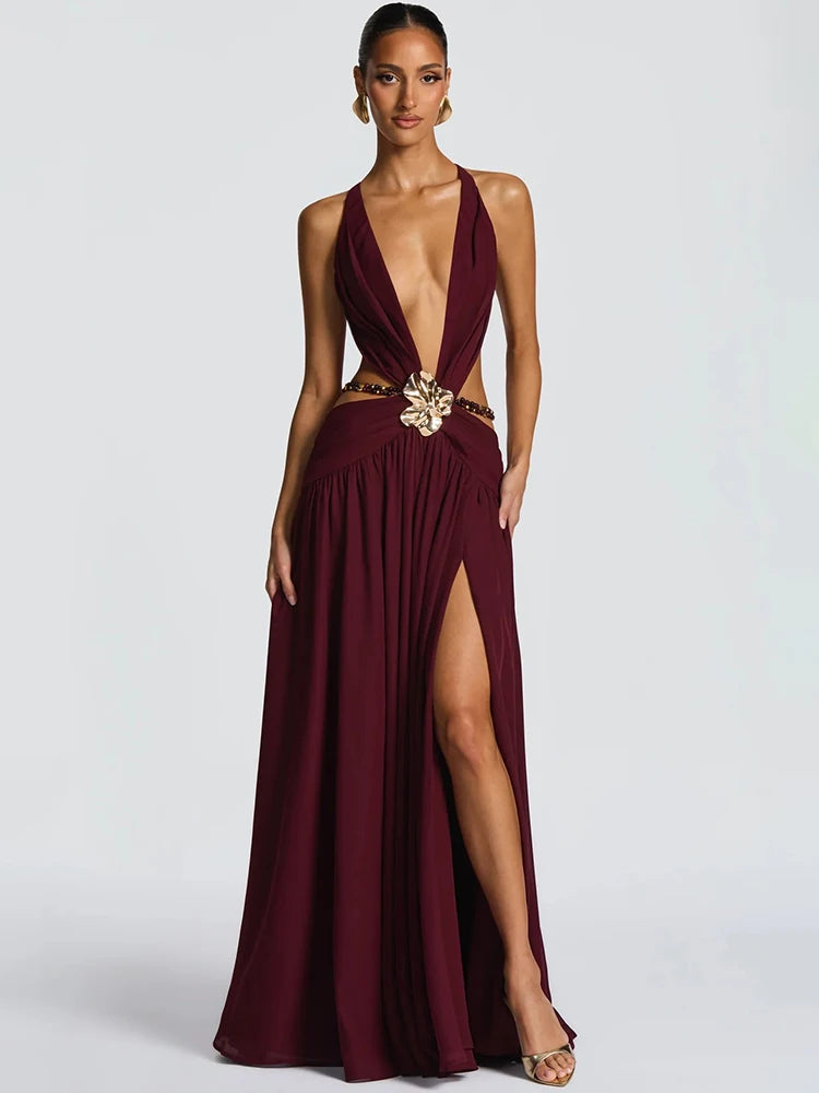 Mozision Hollow Out Deep V Neck Sexy Maxi Dress Women Gown Metal Buckle Sleeveless Backless Thigh High Split Club Party Dresses