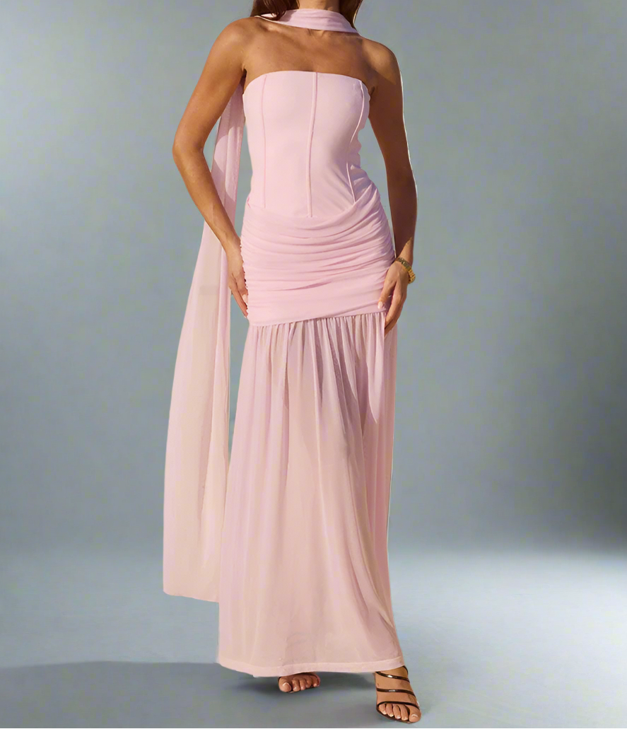 שמלת מקסי סטרפלס בגזרת הלטר