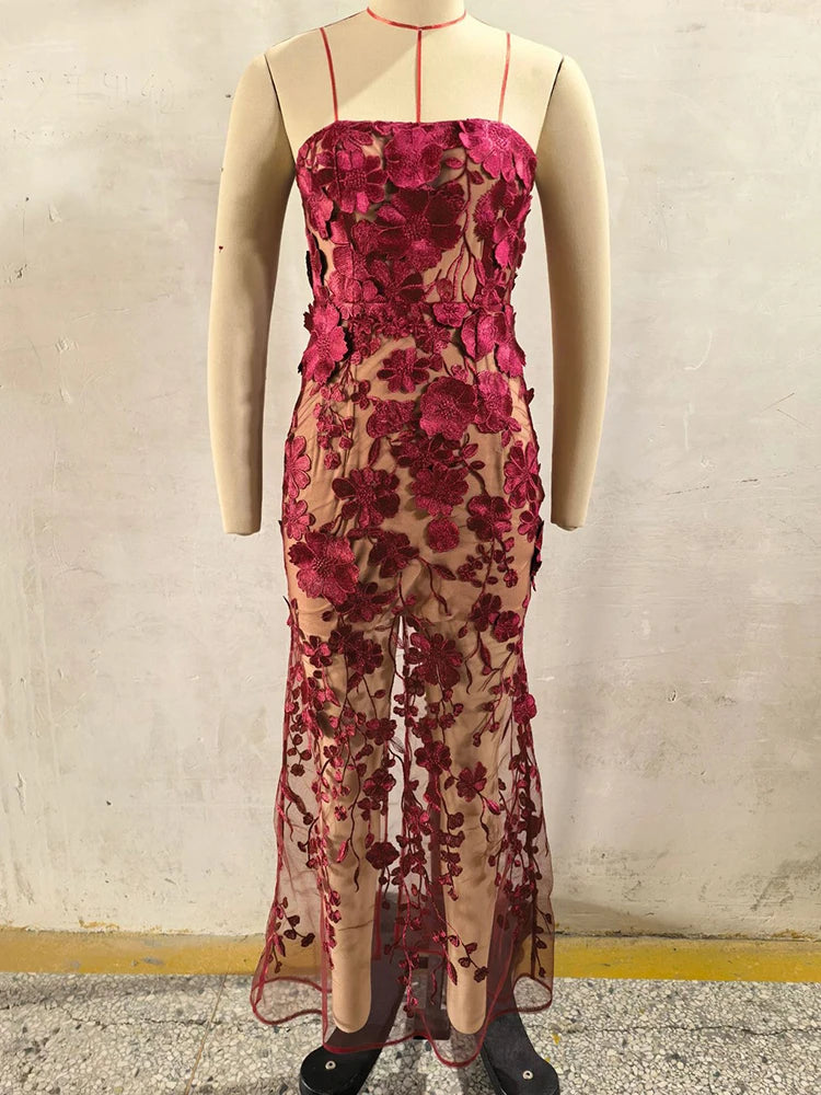 Mozision Women Strapless 3D Floral Lace Mermaid Sexy Maxi Dress Sheer Mesh Bodycon Long Dress Wedding Guest Evening Party Gown