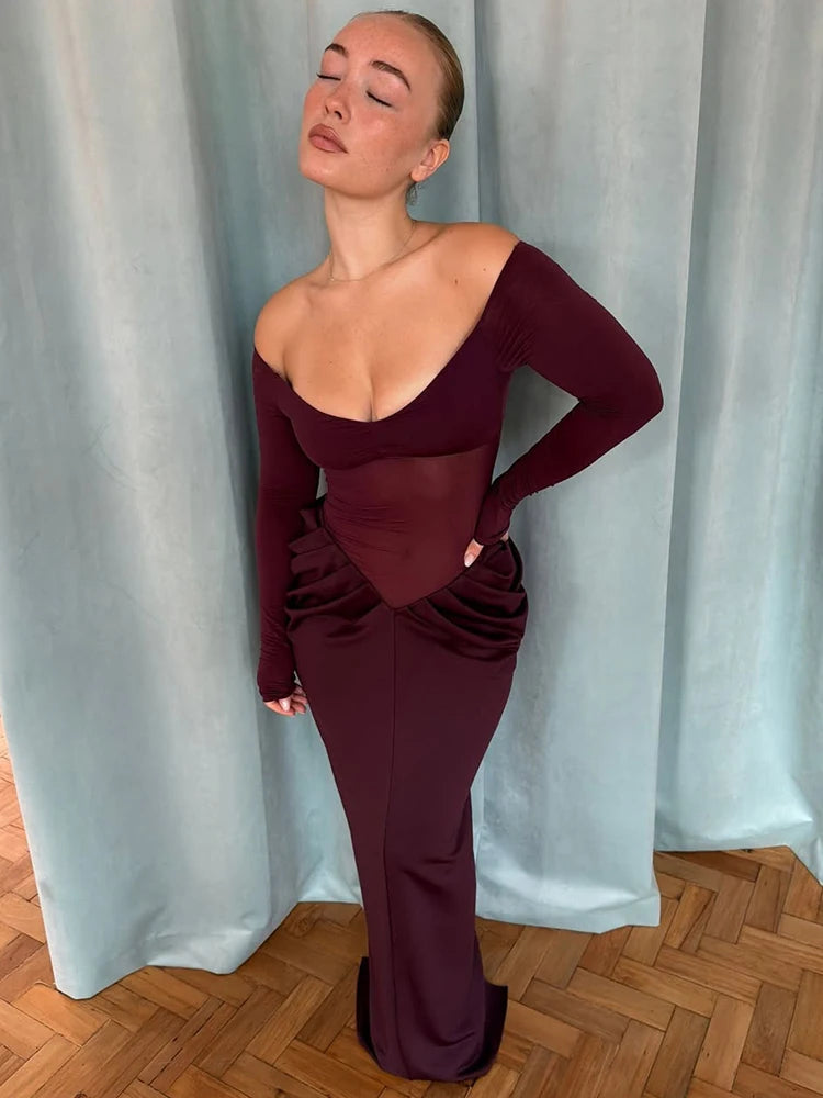 Mozision Women's Burgundy Off Shoulder Maxi Dress Long Sleeve Mesh Sheer Ruched Waist Bodycon Evening Party Cocktail Dress