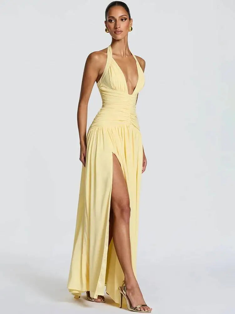 Mozision Women Halter Sexy Maxi Dress Deep V Neck Pleated Backless High Split Evening Party Dress Elegant Beach Long Dresses