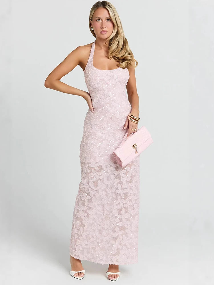 Mozision Women Halter Maxi Dress 3D Floral Sequin Mesh Mermaid Bodycon Long Dress Elegant Wedding Guest Bridesmaid Evening Gown