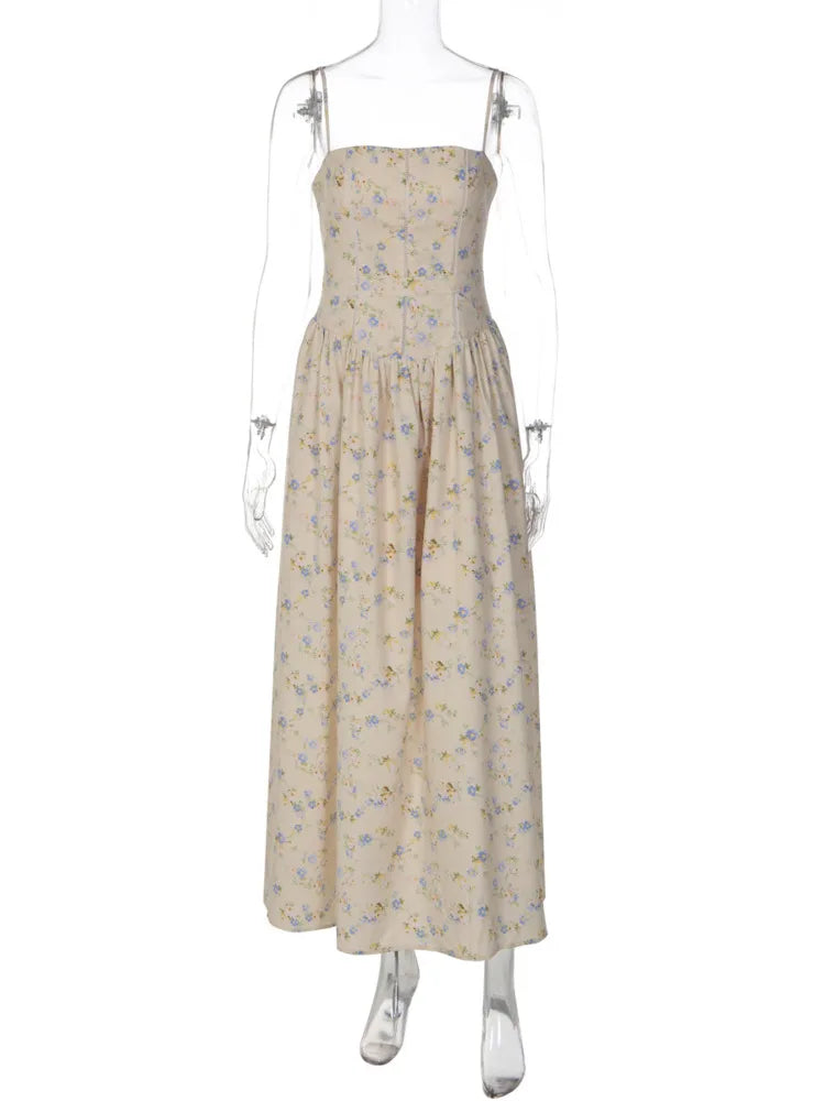 Mozision Summer Women Floral Print Sexy Maxi Dress Women Elegant Square Neck Spaghetti Strap Sleeveless Backless Club Long Dress