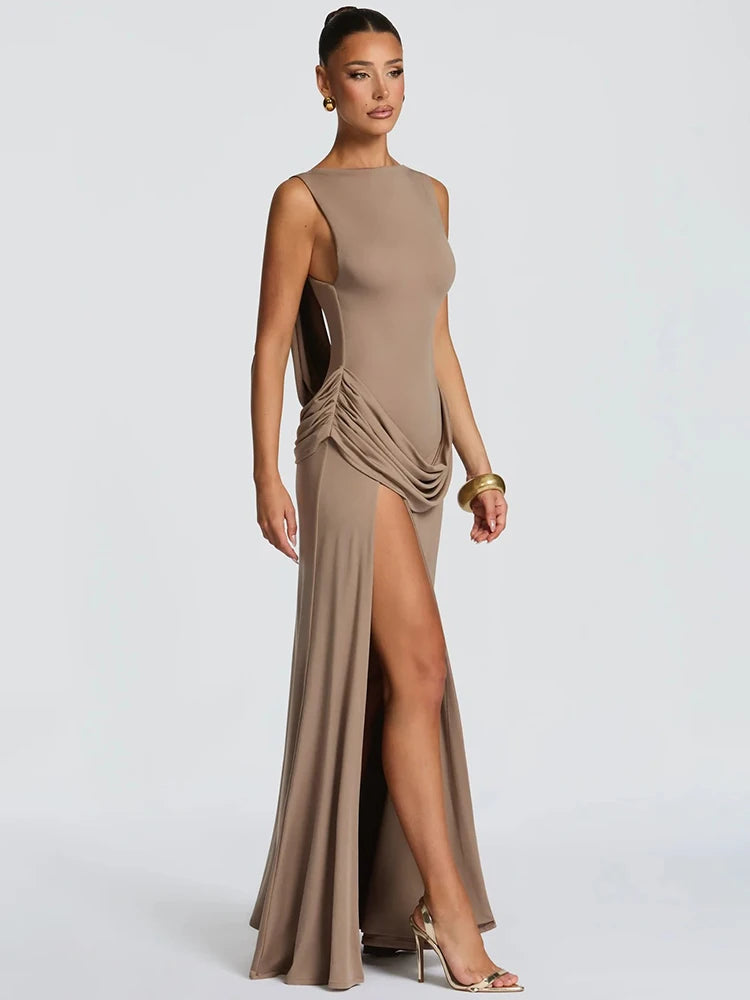 Mozision Boat Neck Backless Sexy Maxi Dress Women Elegant Sleeveless Draped Waist Ruched High Split Bodycon Club Party Dress