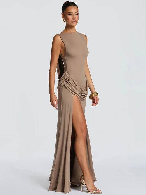 Mozision Boat Neck Backless Sexy Maxi Dress Women Elegant Sleeveless Draped Waist Ruched High Split Bodycon Club Party Dress