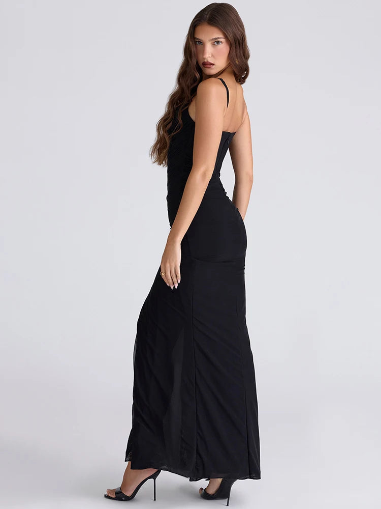 Mozision Spaghetti Strap Backless Sexy Maxi Dress Women Gown Fashion Black Off-shoulder Sleeveless Split Club Party Long Dress