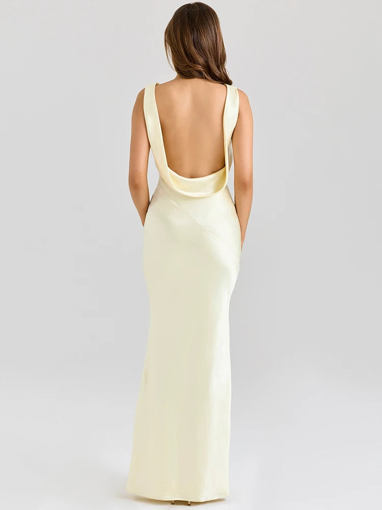 Mozision Satin Backless Draped Sexy Maxi Dress Women Fashion Cowl Neck Sleeveless High Waist Club Party Long Dress Female New