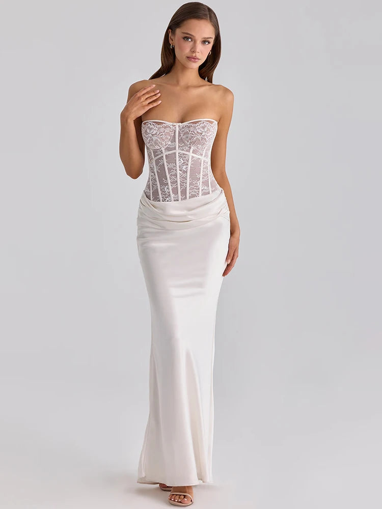 Mozision White Lace Corset Satin Sexy Maxi Dress Women Elegant Strapless Sleeveless Backless Bodycon Club Party Long Dresses