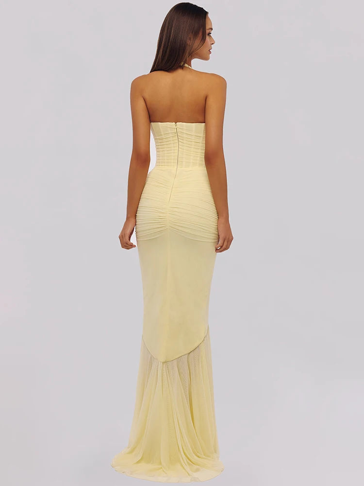 Mozision Mesh Deep V Neck Backless Sexy Maxi Dress Women Elegant Halter Off-shoulder Sleeveless Ruffled Club Party Long Dress