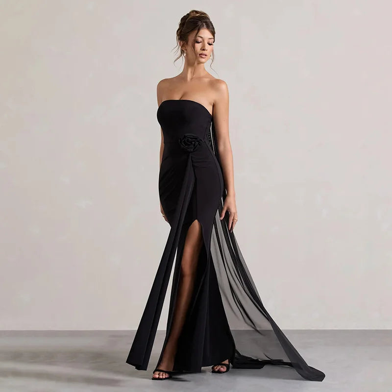 שמלת מקסי אלגנטית סטרפלס בתוספת בד נשפכת