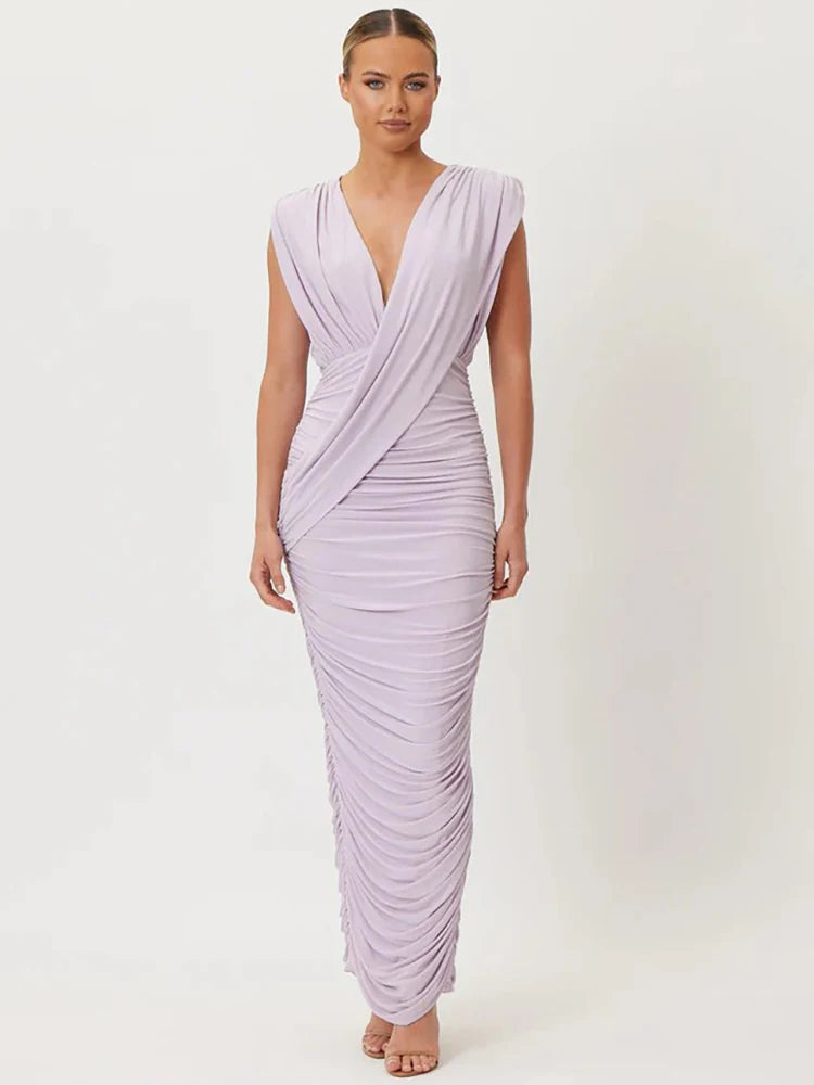 Mozision Deep V Neck Sleeveless Sexy Maxi Dress Women Elegant Draped Ruched Back Split Bodycon Club Party Long Dress Female