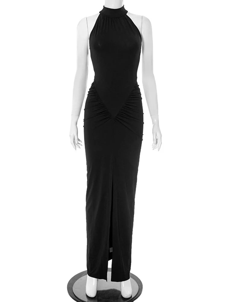 שמלת מקסי הלטר עם שסע וצווארון קולר