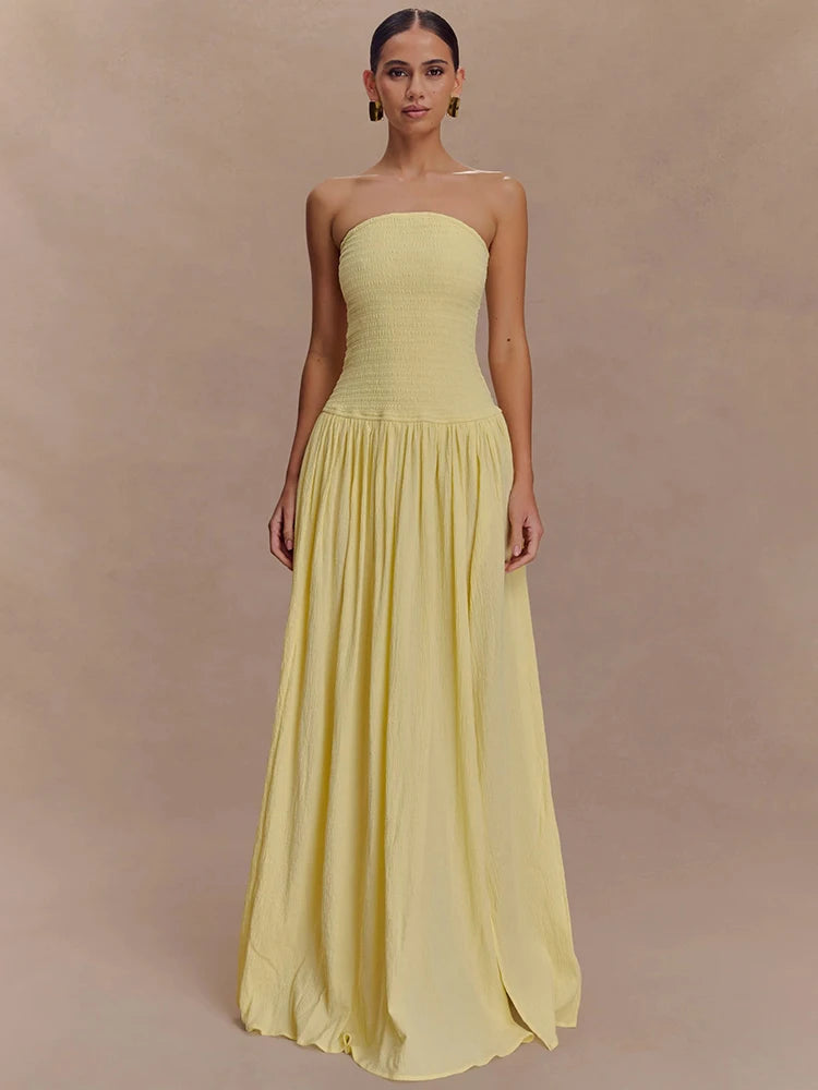 Mozision Off-shoulder Strapless Sexy Maxi Dress Women Elegant Sleeveless Backless Thigh High Split Pleated Club Party Long Dress