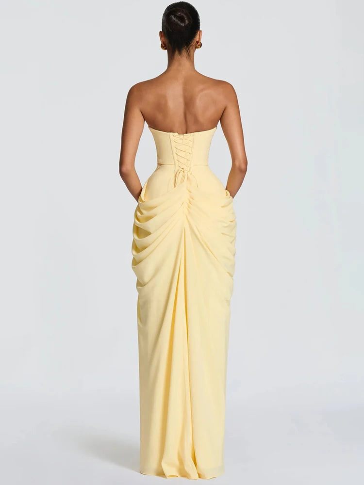 Mozision Chiffon Off-shoulder Strapless Sexy Maxi Dress Women Elegant Sleeveless Backless High Split Ruched Club Party Dress