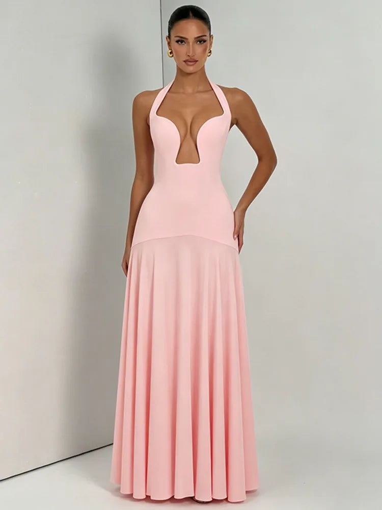 Mozision Halter V Neck Sexy Maxi Dress Women Elegant Off-shoulder Sleeveless Backless Cut Out Bodycon Club Party Long Dresses