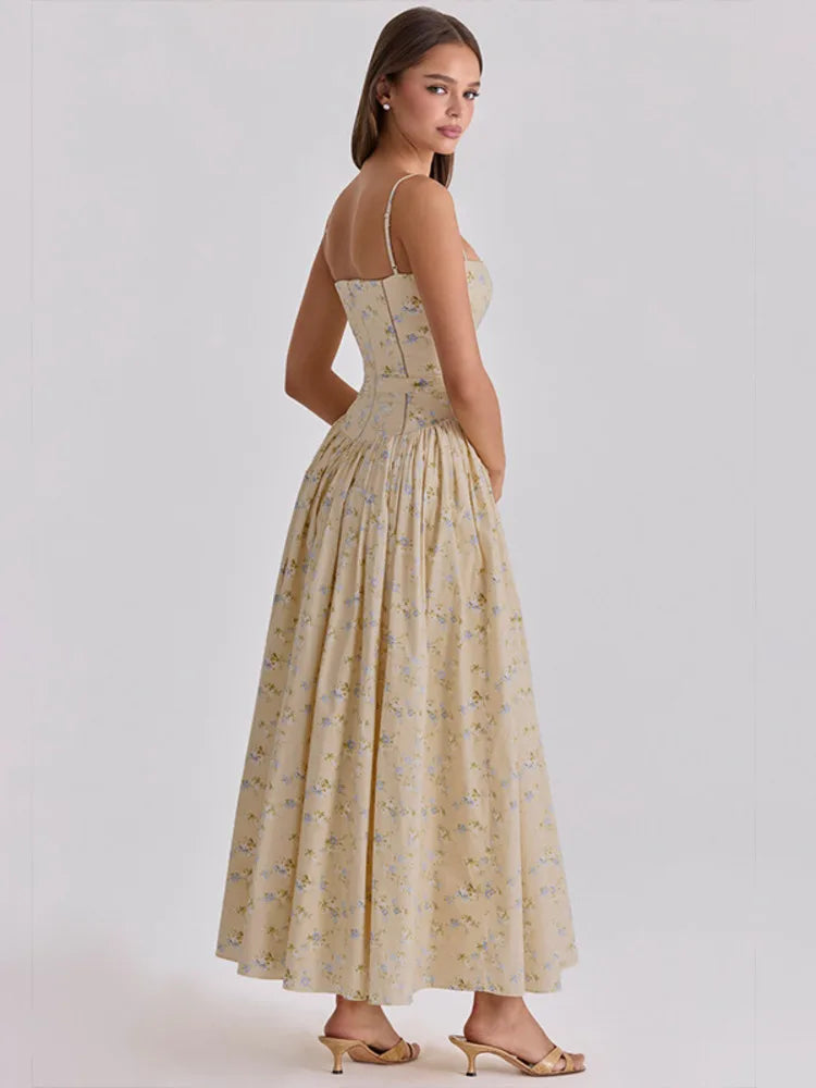 Mozision Summer Women Floral Print Sexy Maxi Dress Women Elegant Square Neck Spaghetti Strap Sleeveless Backless Club Long Dress