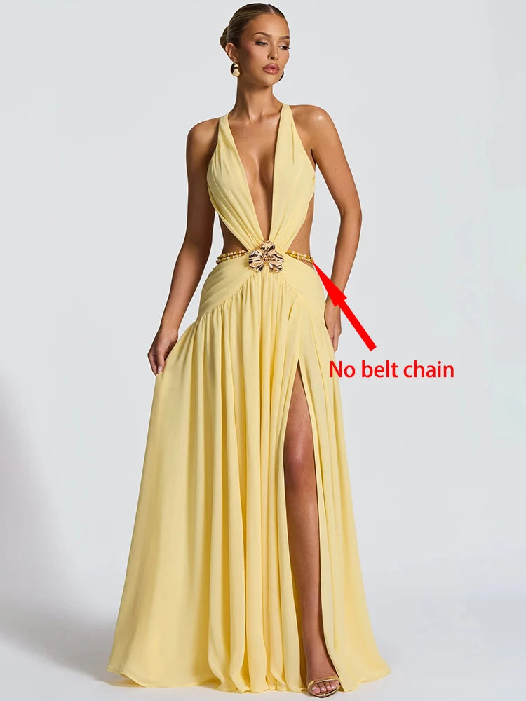 Mozision Hollow Out Deep V Neck Sexy Maxi Dress Women Gown Metal Buckle Sleeveless Backless Thigh High Split Club Party Dresses