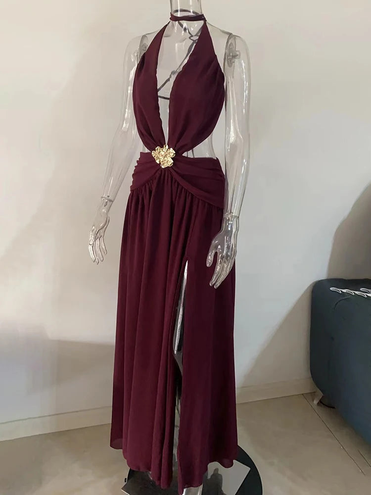 Mozision Hollow Out Deep V Neck Sexy Maxi Dress Women Gown Metal Buckle Sleeveless Backless Thigh High Split Club Party Dresses