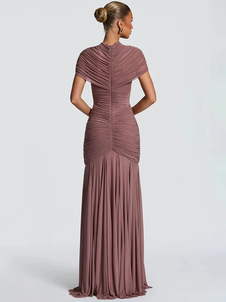 Mozision Short Sleeve Ruched Sexy Maxi Dress Women Elegant Hollow Out Turtleneck Bodycon Pleated Club Party Long Dress Female