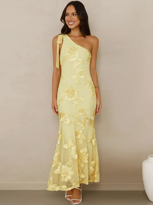 Mozision 3D Floral Applique Sexy Maxi Dress Women Elegant One Shoulder Backless Sleeveless Bodycon Club Party Evening Long Dress