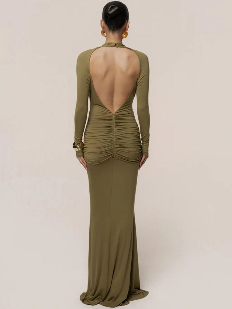 Mozision Deep V Neck Long Sleeve Sexy Maxi Dress Women Elegant Backless Ruched Waist Draped Bodycon Club Party Long Dresses