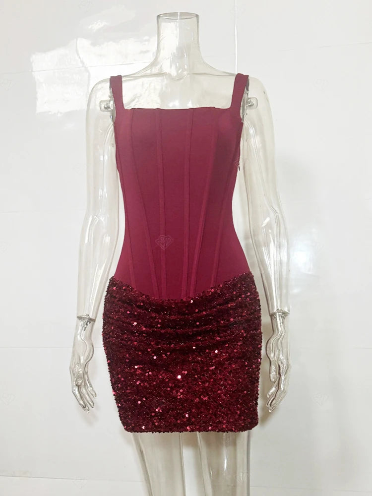 Mozision Sparkle Ruched Sexy Mini Dress Women Elegant Glitter Square Collar Sleeveless Backless High Waist Club Party Dresses